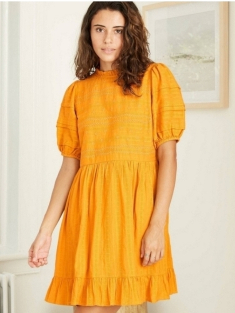 Universal Thread Orange Mustard Puff Sleeve Ruffled Spring / Summer Mini Dress